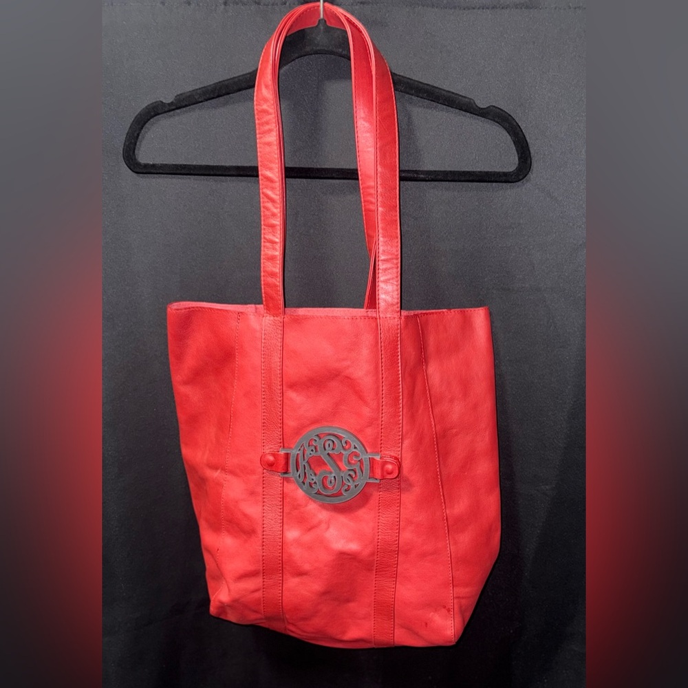 Red Leather Tote with Signature Medallion Accent